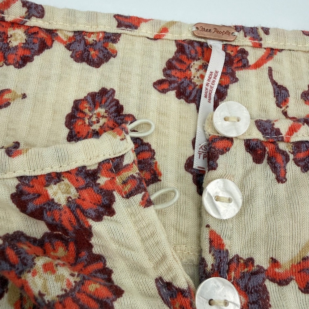FREE PEOPLE NWOT XS Button Front Top Orange Floral Ribbed Cotton Boho Indie - Picture 7 of 13